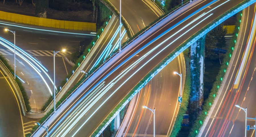 Aerial View of Shanghai overpass at Night in China.